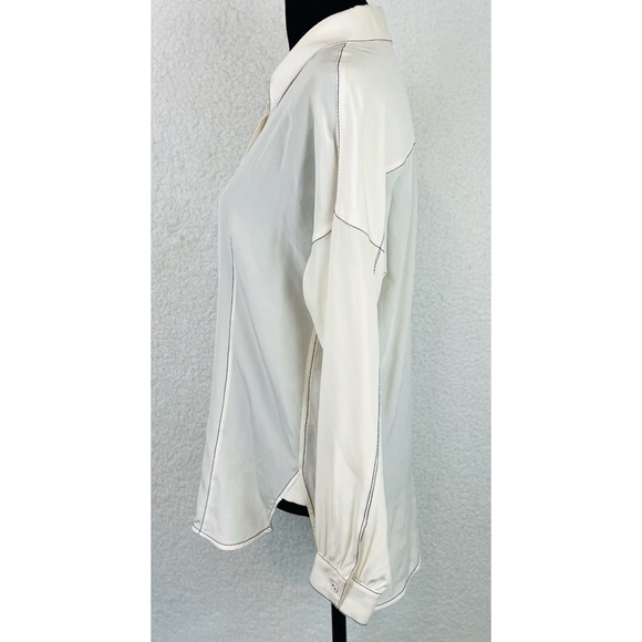 ALEXIS • 100% Silk White/Black Contrast Long Sleeve Button-Down Shirt, S - Picture 4 of 13